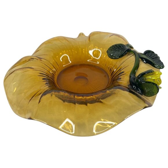 Hand Blown Art Glass Bowl Attached Flower Gold Green 9.5 Inch Ruffled Edge - Picture 4 of 8